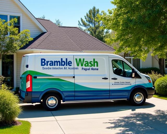 BrambleWash mobile service van parked next to a clean car in a residential driveway.